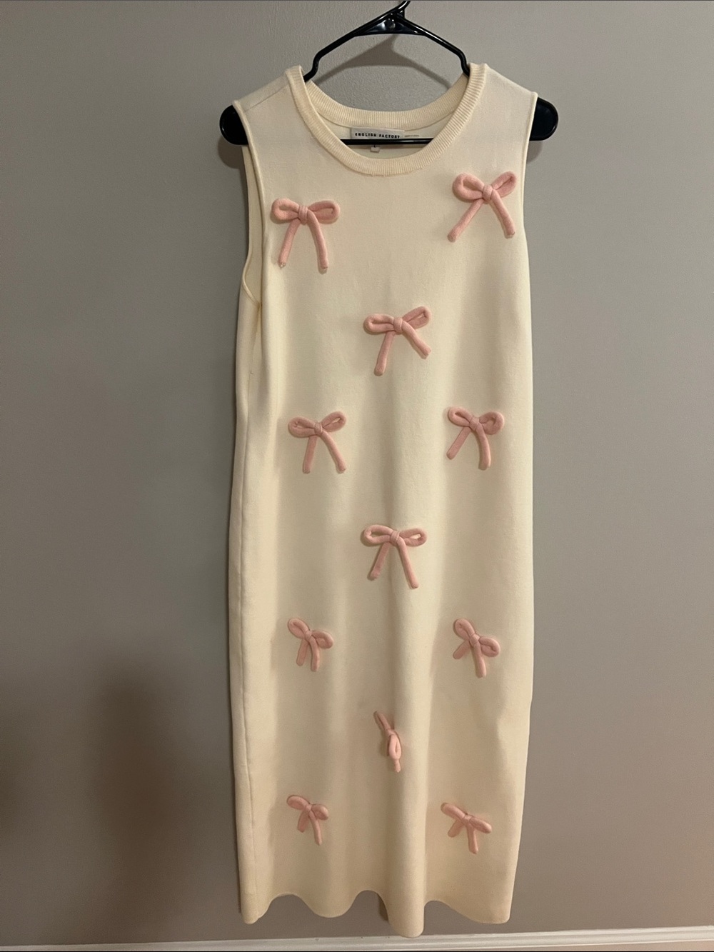 English Factory Cream Midi Dress with Pink Bow Accents